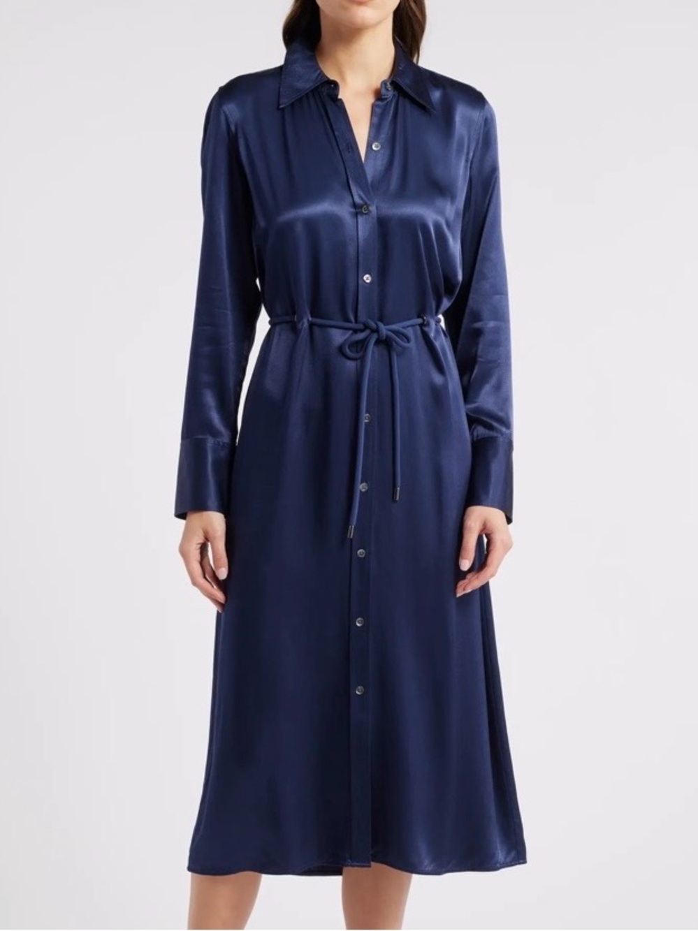 Rails Anina Navy Blue Shirt Dress Sz M  Satin Midi Maxi Quiet Luxury NWT No Belt